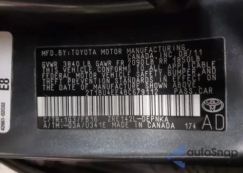 2011 Toyota Corolla Le z USA, uszkodzony, nr VIN 2T1BU4EE4BC679112